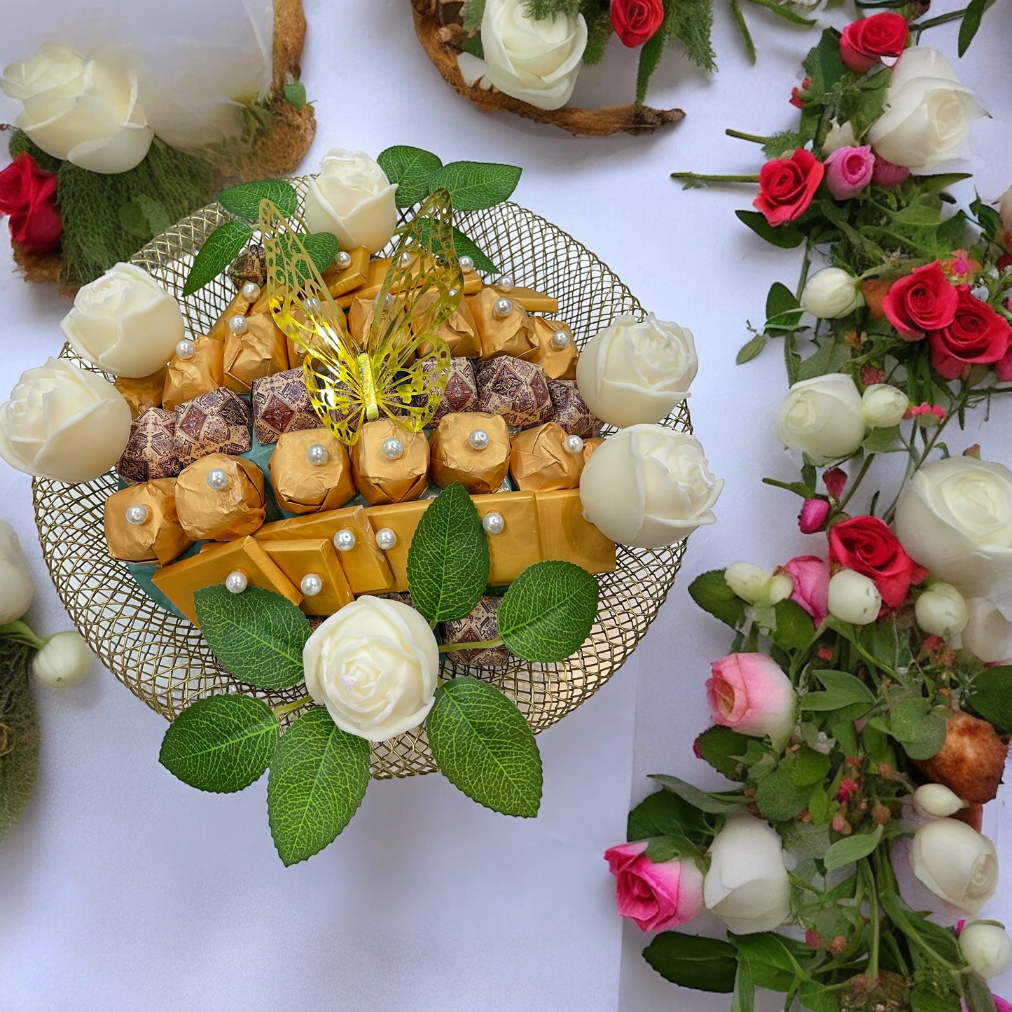 Basket of candle and chocolate